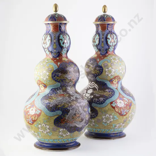 Pair of Triple Gourd Mantel Vase and Covers
