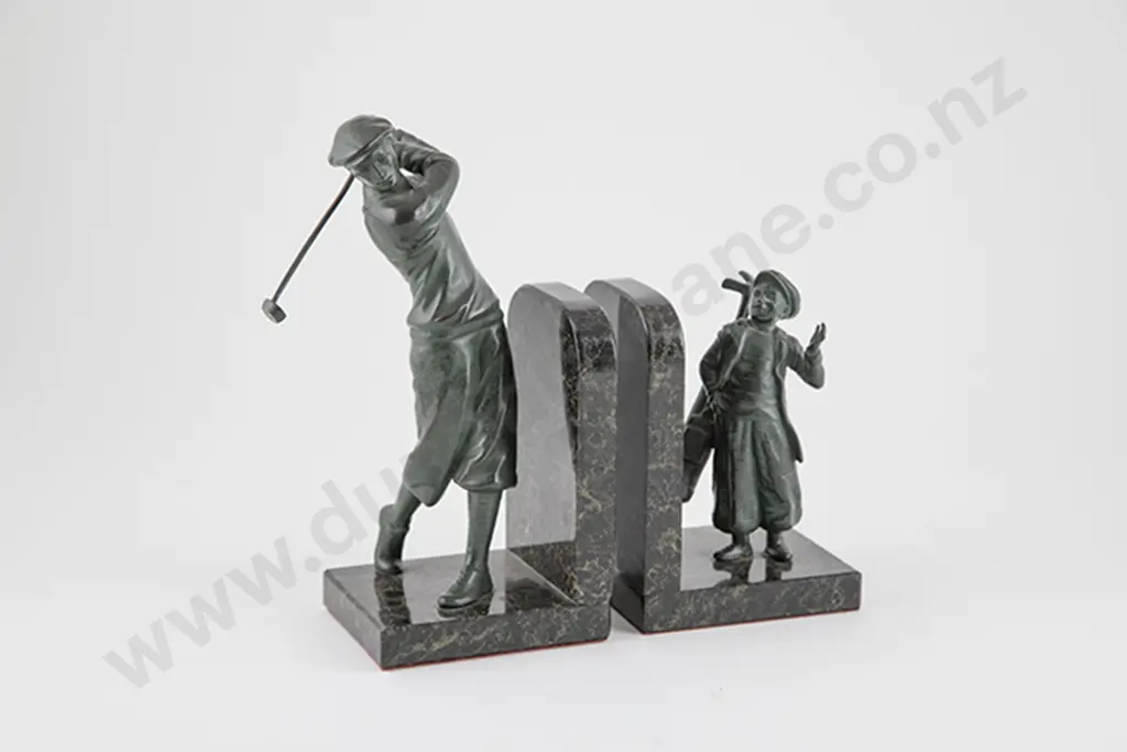 Art Deco Bronze & Marble Golfer & Caddy Bookends Image 1++