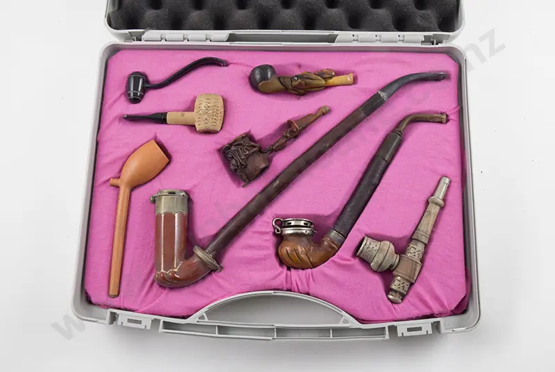 Cased Display Of Ten Wooden Pipes Image 1++