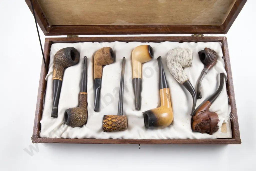 Mahogany Cased Display Of Nine Various Pipes Image 1++