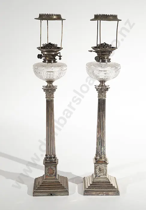 Pair Of  Tall S/P Corinthian Column Oil Lamps Image 1++