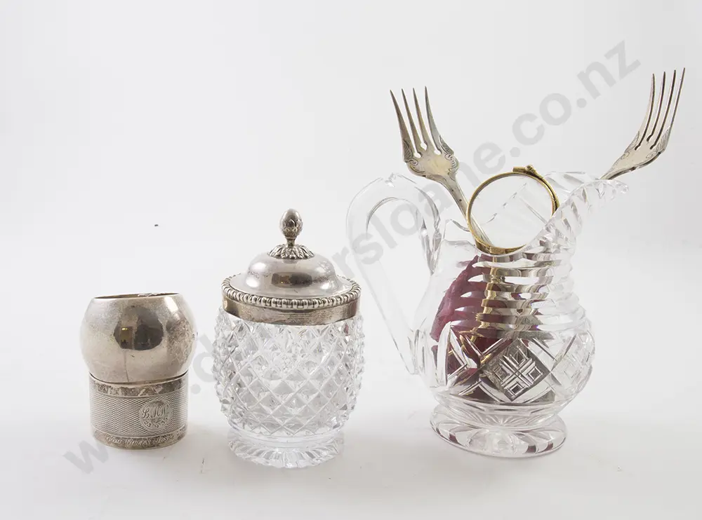 Gilt Lorgnettes, S/S Cruet, 2 Napkin Rings, 2 Forks Image 1++
