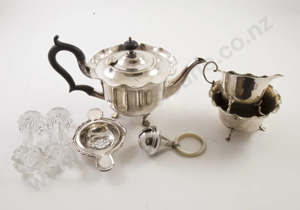 S/S Rattle, 3 Pce S/P Teaset & Strainer, Pair Glass Knife Rests Image 1++