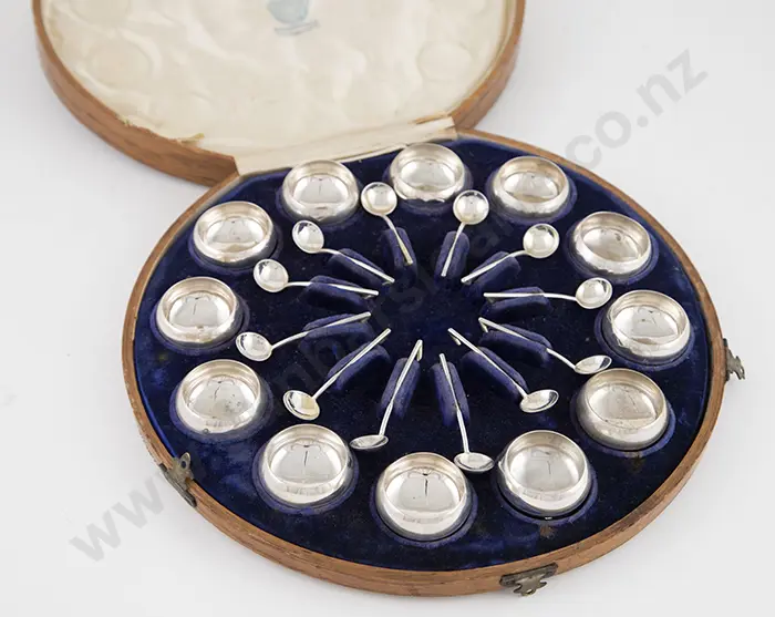Oak Cased Set Of 12 Russian Silver Salts & Spoons Image 1++