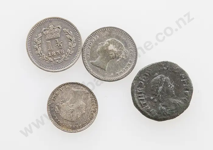 Small Roman Coin & 3 Small Silver Vict Coins Image 1++