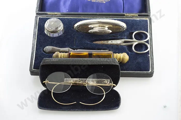 Cased S/S Vanity Set, Scent Bottle, Pencil Holder & Pince-Nez Image 1++