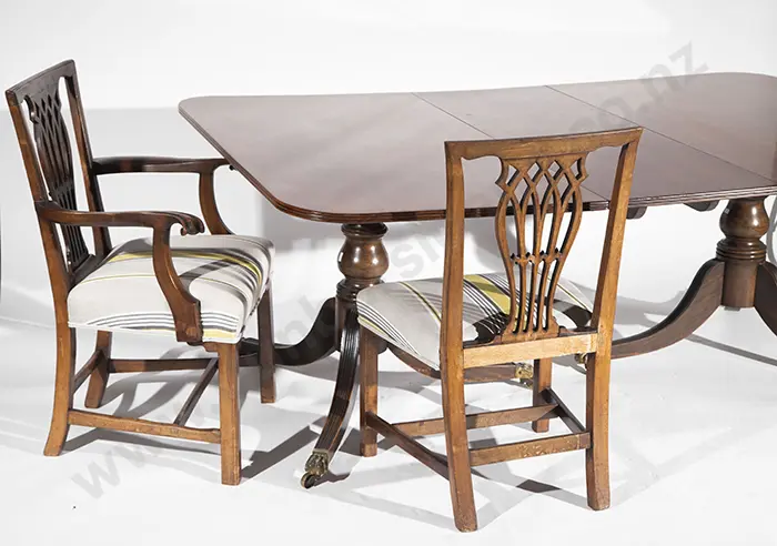 C19th Mahogany Twin pillar Dining Table with Eight Chippendale Style Chairs Image 1++