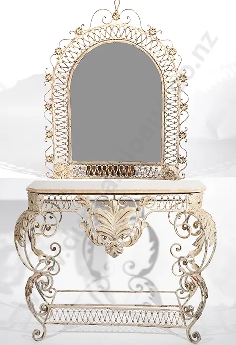 Antique French Marble Top Wrought Metal Console Table and Mirror Image 1++