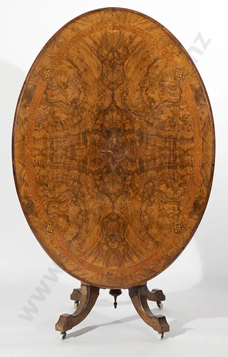 Victorian Burr Walnut and Marquetry Oval Snap Top Loo Table Image 1++