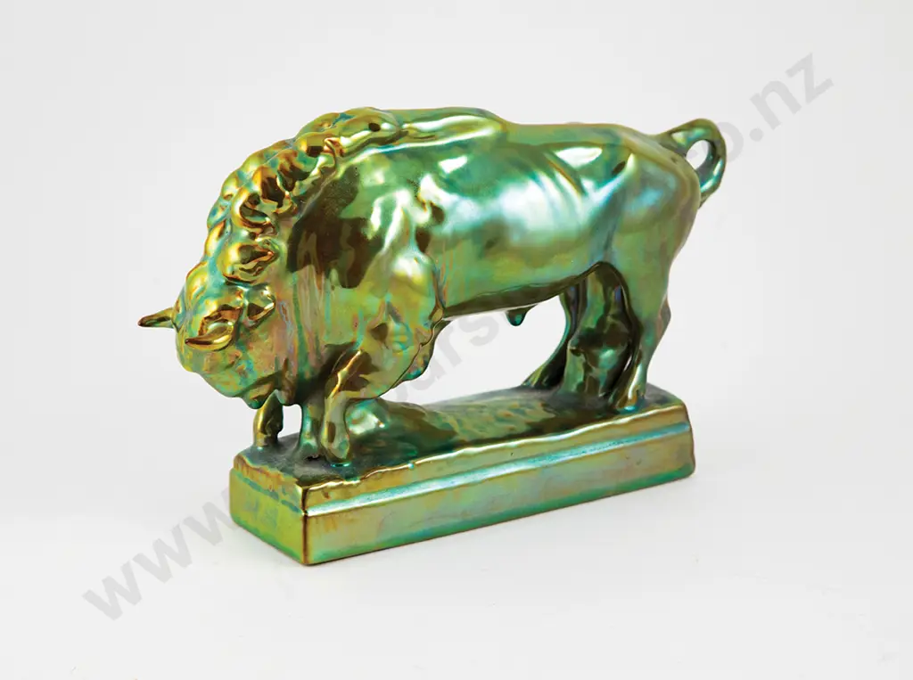 Zsolnay (Hungary)  Green Iridescent Bison Figure Image 1++