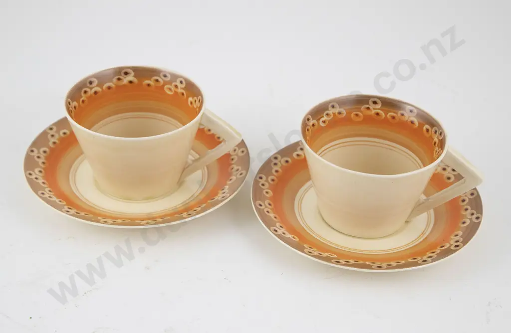 Pair Clarice Cliff Cups & Saucers Image 1++
