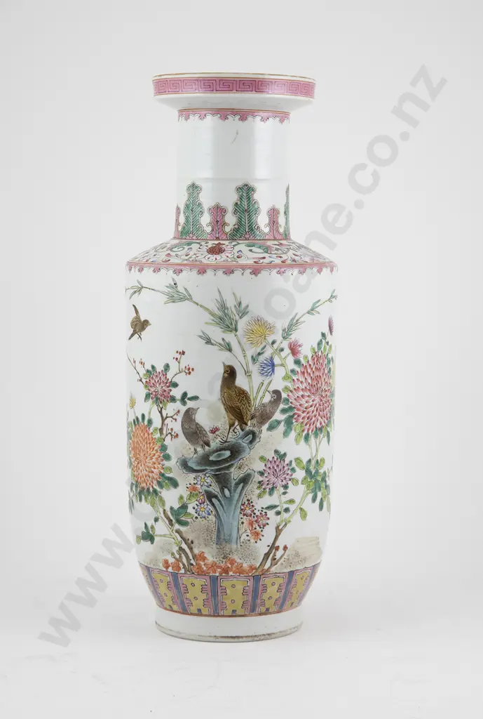 C20th Chinese Famille Rose Rouleau Vase Image 1++