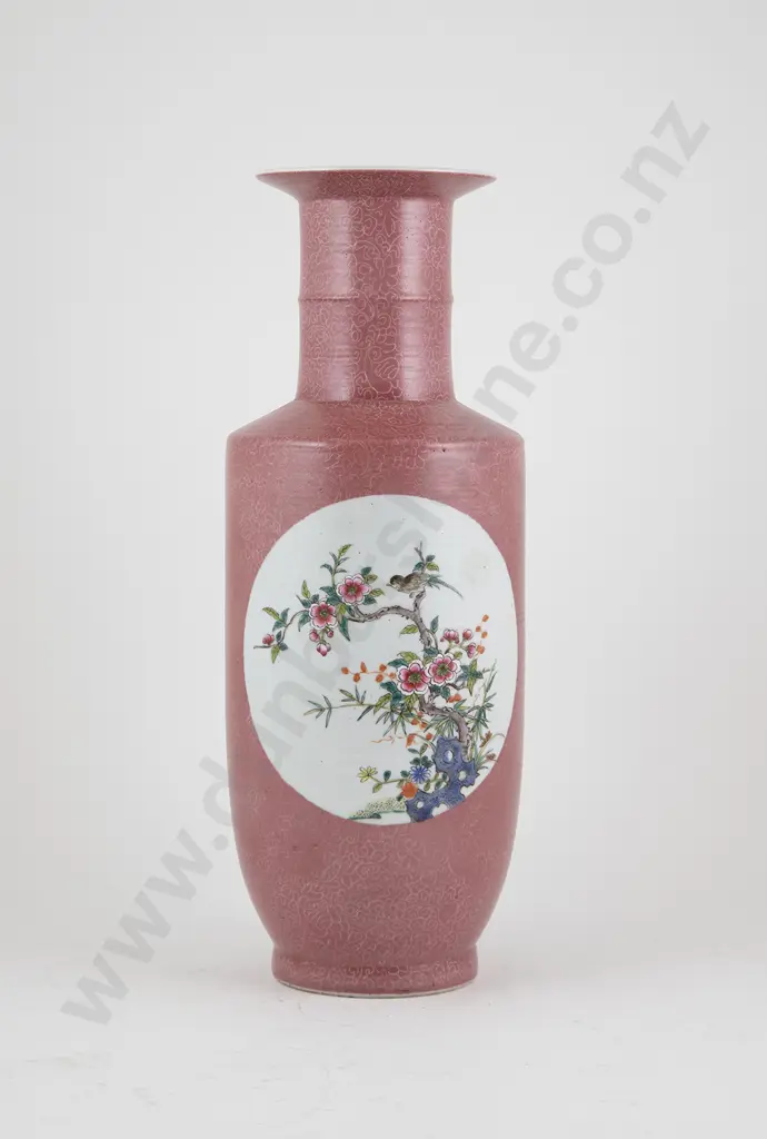 C20th Chinese Famille Rose Rouleau Vase Image 1++