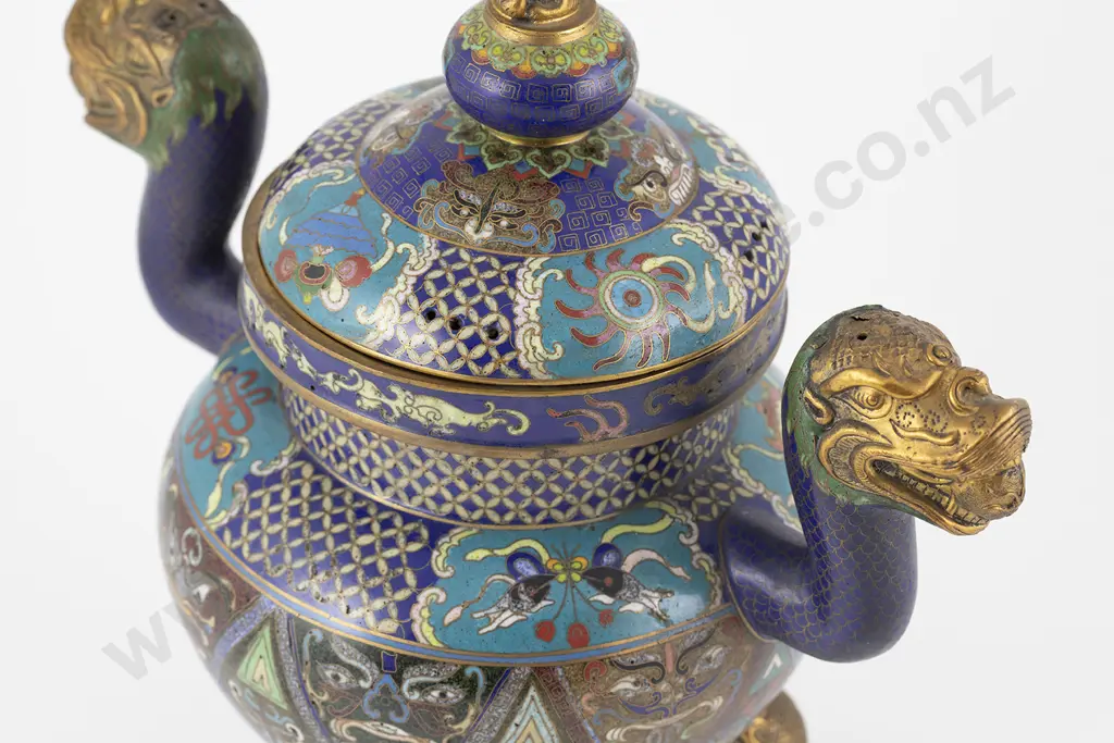Fine C19th Chinese Cloisonne Tripod Censer & Cover Image 1++