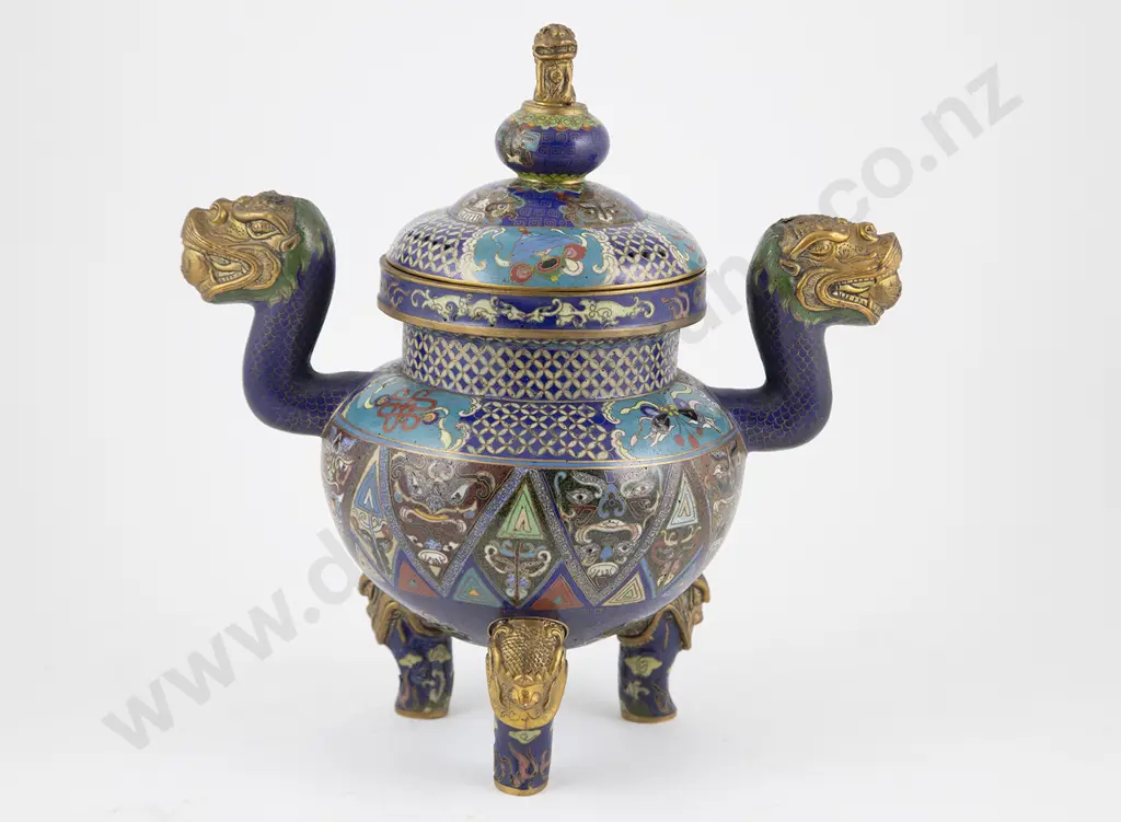 Fine C19th Chinese Cloisonne Tripod Censer & Cover Image 1++