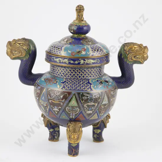 Fine C19th Chinese Cloisonne Tripod Censer & Cover