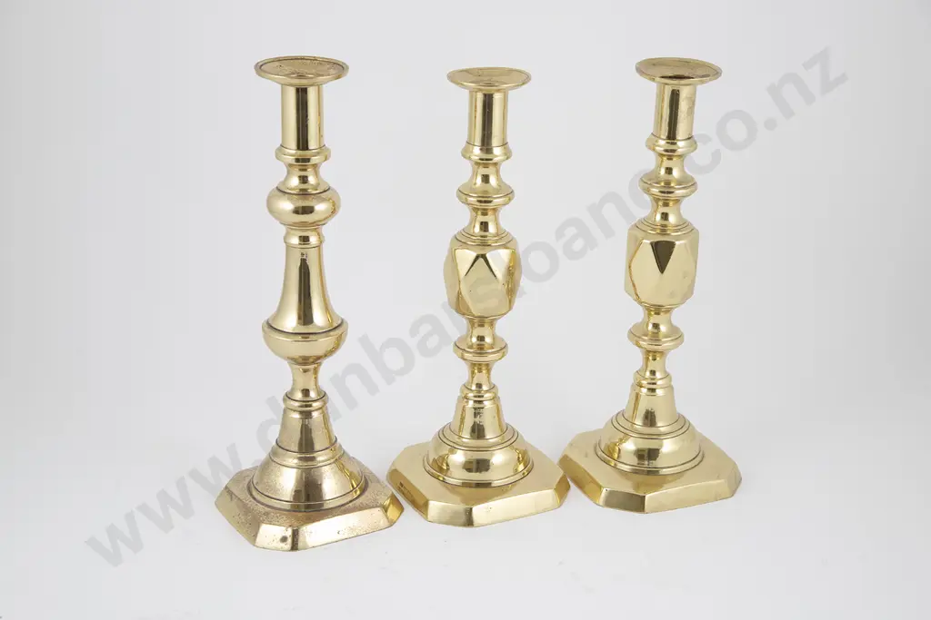 Pair Late Victorian Brass Queen of Diamonds Candlesticks Image 1++