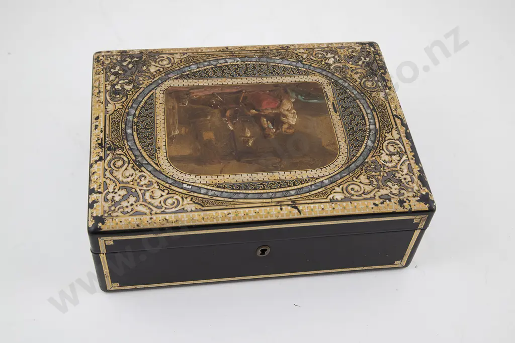 C19th Black Lacquered Portable Writing Box Image 1++