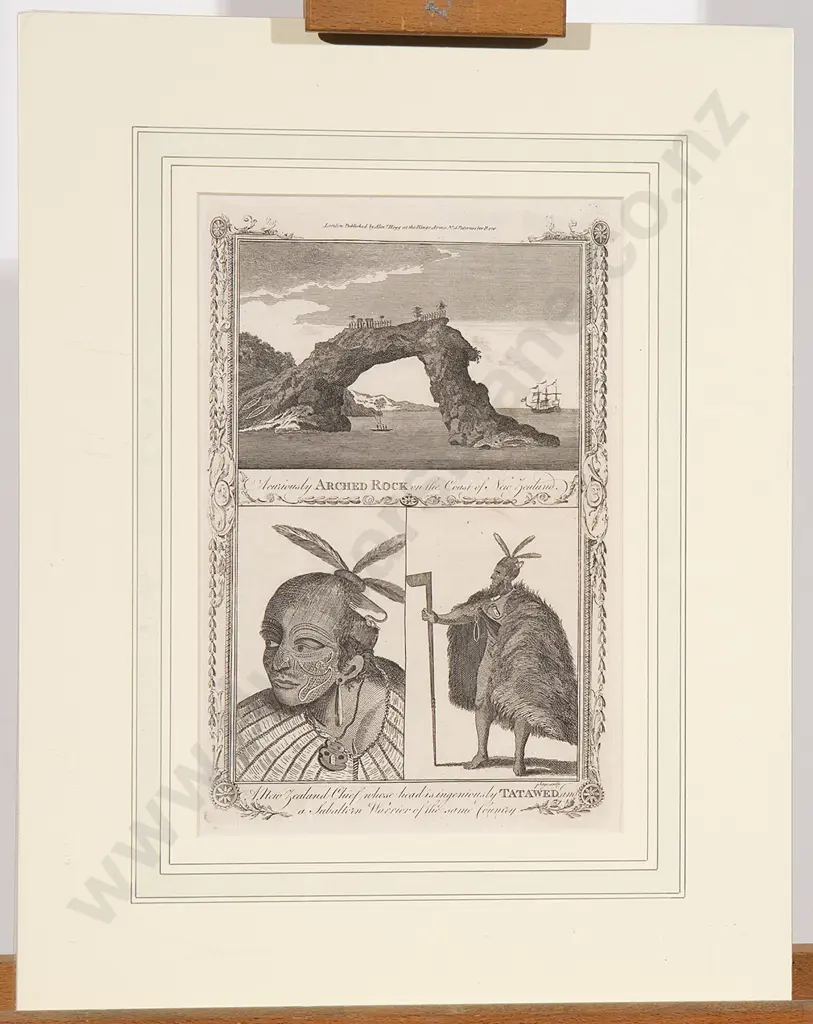 Engraving - A curiously arched rock on the coast of New Zealand/ A New Zealand chief whose head is ingeniously tatawed [sic] and a subaltern warrior of the same country Image 1++