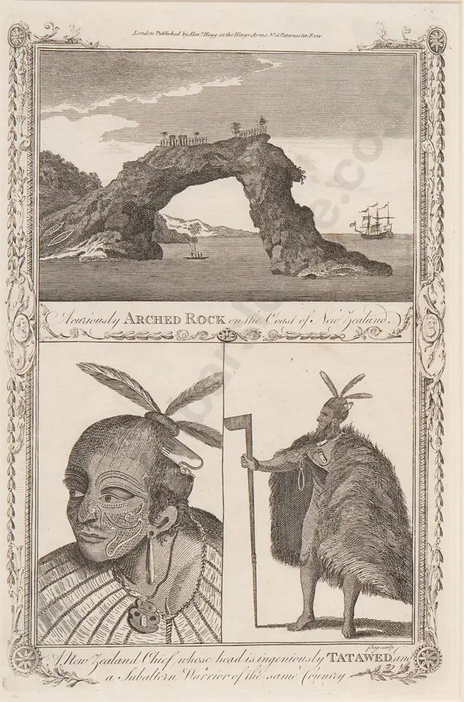 Engraving - A curiously arched rock on the coast of New Zealand/ A New Zealand chief whose head is ingeniously tatawed [sic] and a subaltern warrior of the same country Image 1++
