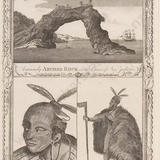Engraving - A curiously arched rock on the coast of New Zealand/ A New Zealand chief whose head is ingeniously tatawed [sic] and a subaltern warrior of the same country