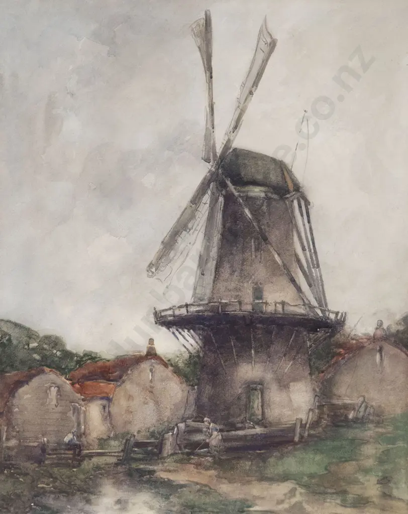 Manner of Frances Hodgkins - Windmill with Woman Tending Fields Image 1++