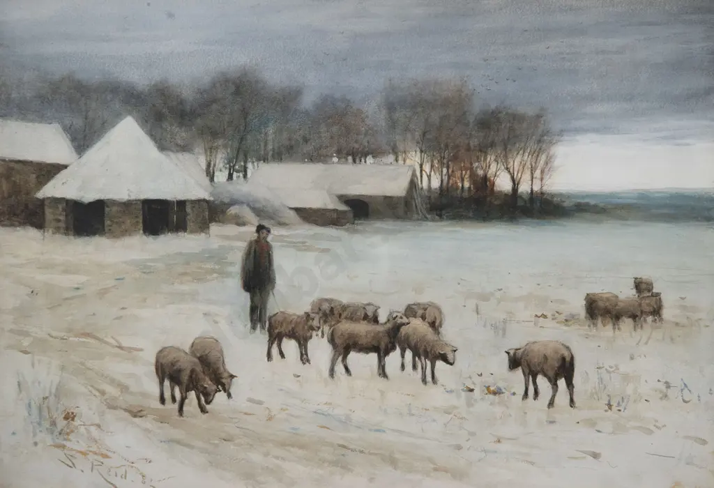 S Reid - Shepherd with Grazing Sheep Image 1++
