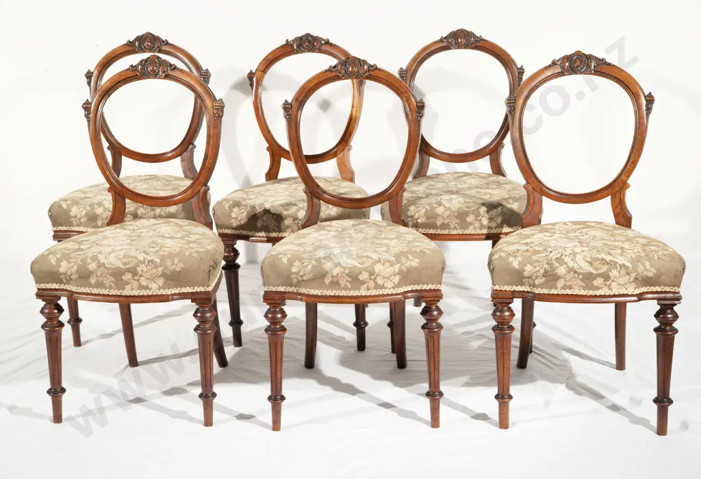 Set of Six Victorian Walnut Balloon Back Dining Chairs Image 1++