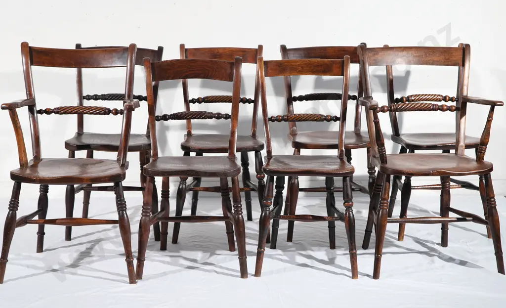 Set of Eight Regency English Elm Country Kitchen Chairs Image 1++
