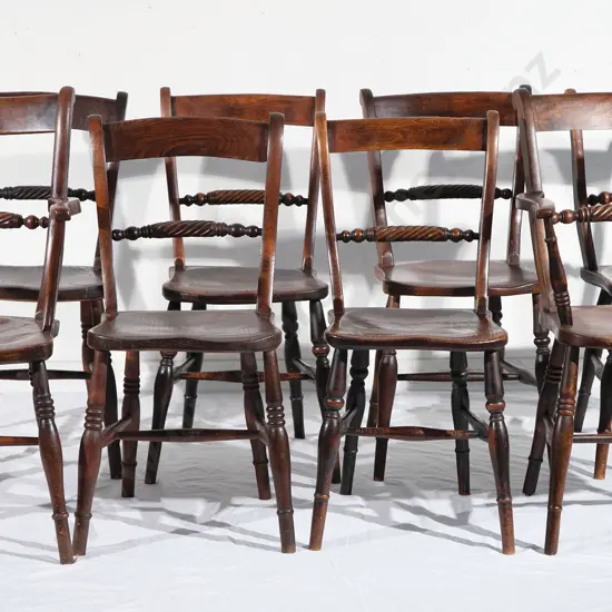 Set of Eight Regency English Elm Country Kitchen Chairs