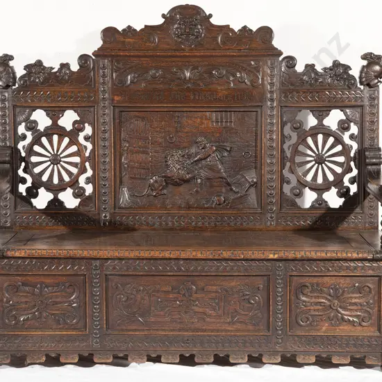 Late Victorian Carved Oak Hall Settle