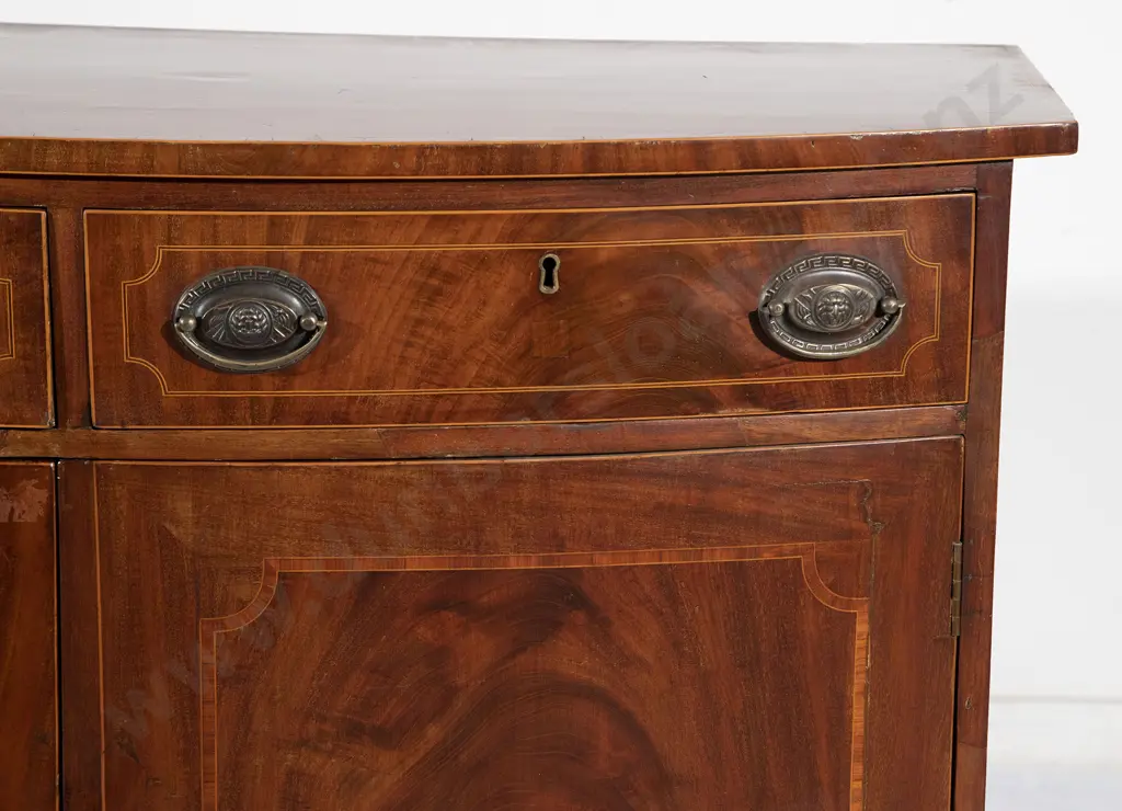 Regency Mahogany and Inlaid Bow Front Side Cabinet Image 1++