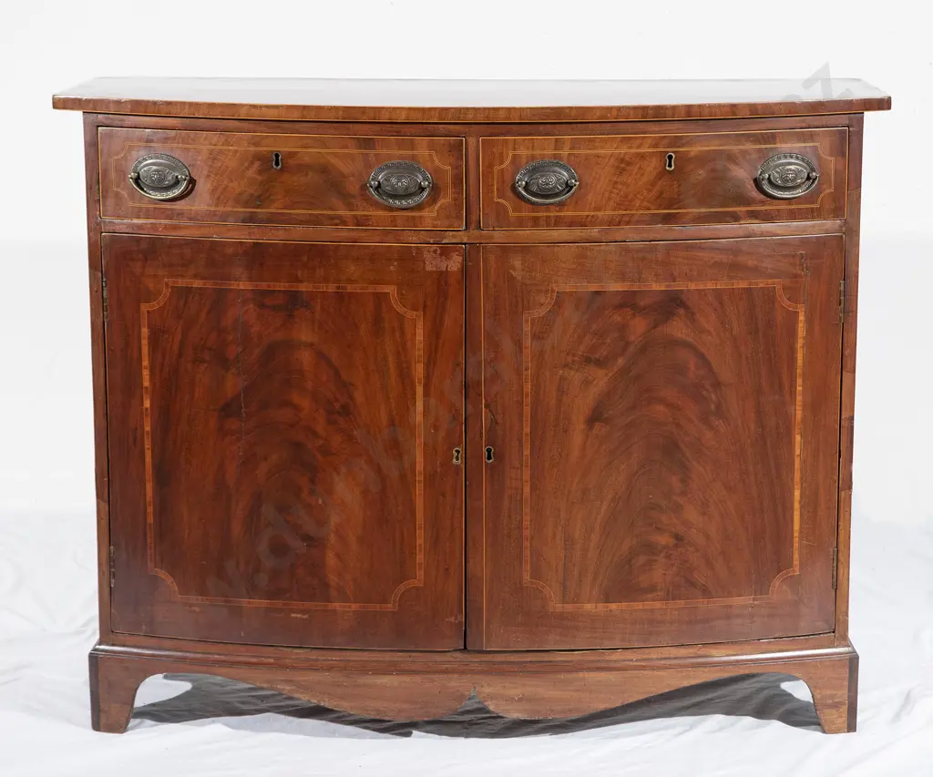 Regency Mahogany and Inlaid Bow Front Side Cabinet Image 1++