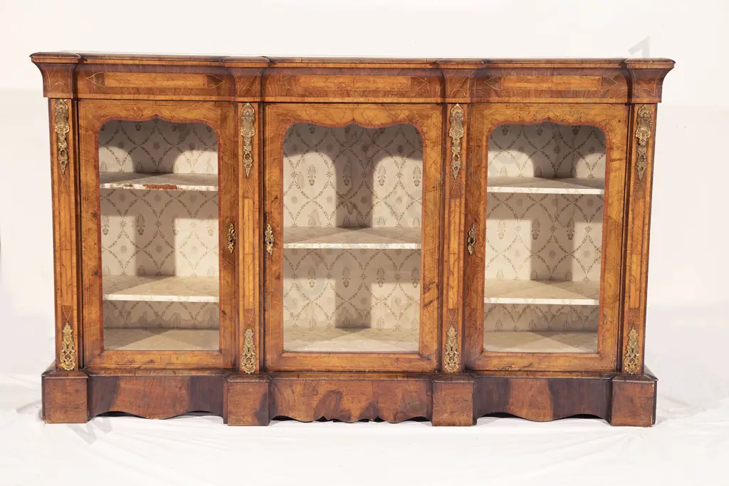Victorian Burr Walnut and Inlaid Breakfront Side Cabinet Image 1++
