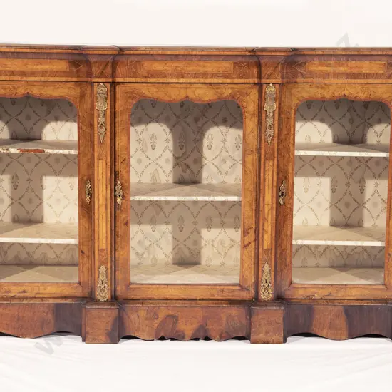 Victorian Burr Walnut and Inlaid Breakfront Side Cabinet