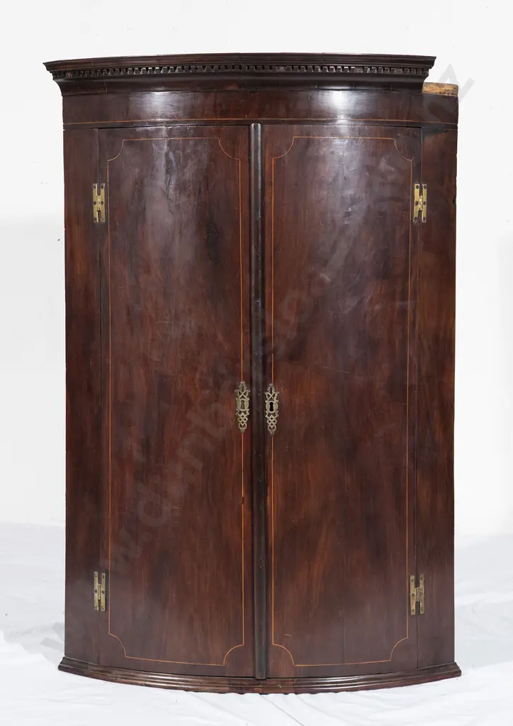 Regency Mahogany and Inlaid Bow Front Hanging Corner Cupboard Image 1++