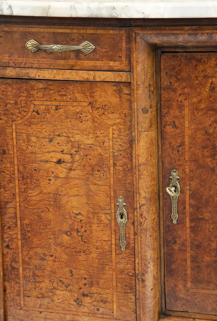 Fine European Burr Walnut and Inlaid Marble Top Sideboard Image 1++