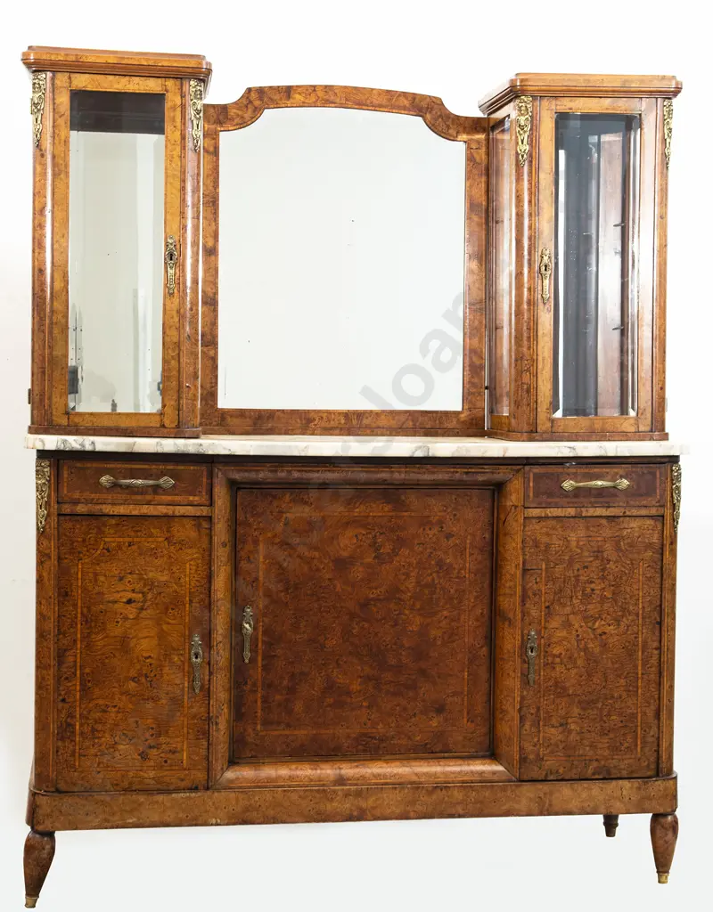 Fine European Burr Walnut and Inlaid Marble Top Sideboard Image 1++