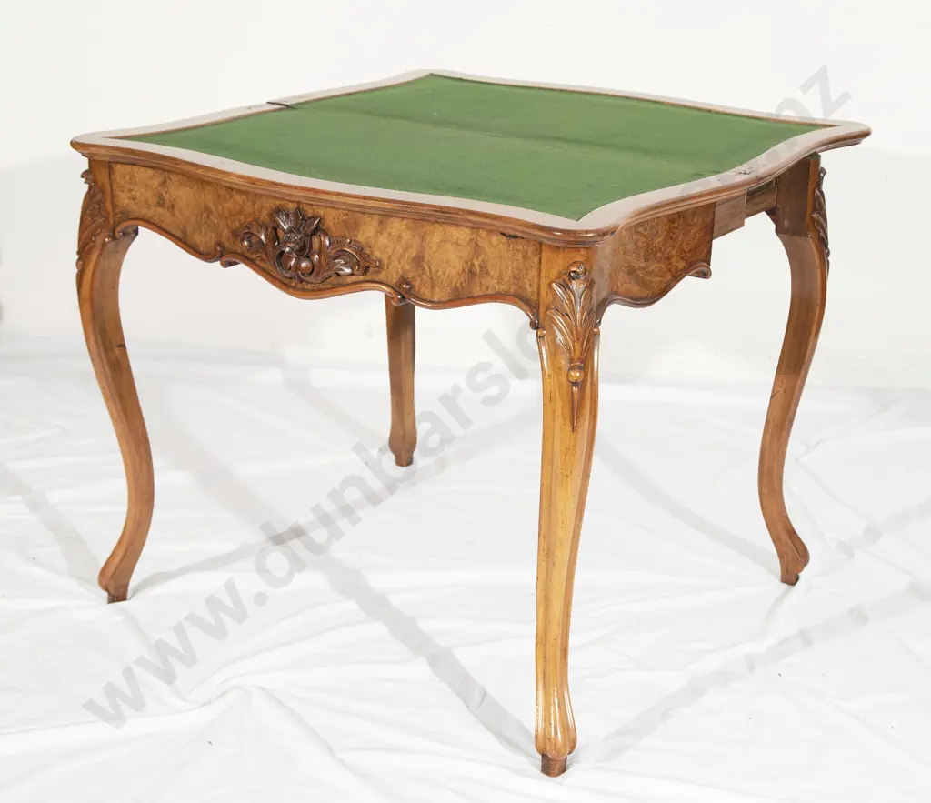 Victorian Burr Walnut Serpentine Fold Over Card Table Image 1++