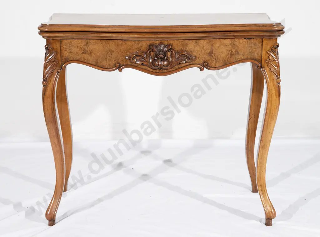 Victorian Burr Walnut Serpentine Fold Over Card Table Image 1++