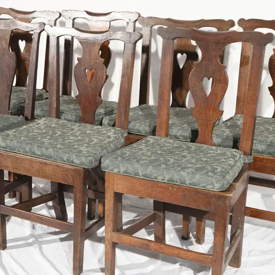 Geo III Near Matched Set of Eight Country Oak Dining Chairs