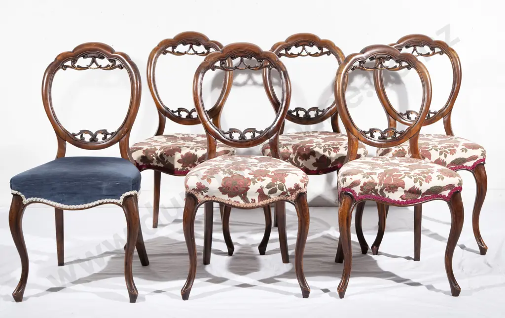 Set Six Victorian Walnut Balloon Back Dining Chairs Image 1++
