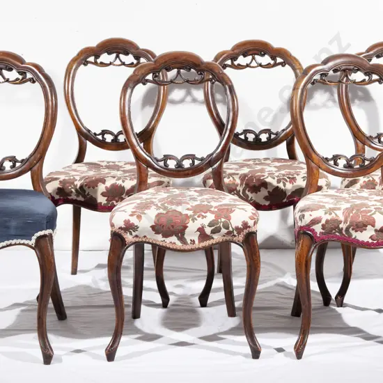 Set Six Victorian Walnut Balloon Back Dining Chairs