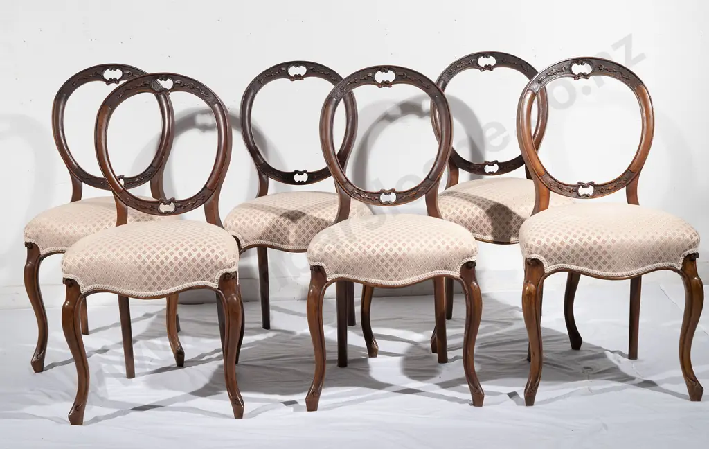 Set Six Victorian Walnut Balloon Back Dining Chairs Image 1++