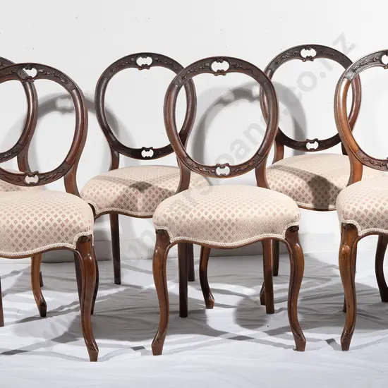 Set Six Victorian Walnut Balloon Back Dining Chairs