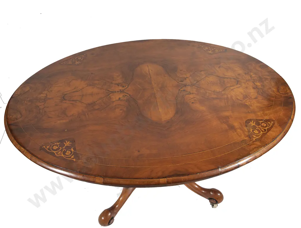 Victorian Burr Walnut & Marquetry Oval Snap Top Loo Table Image 1++