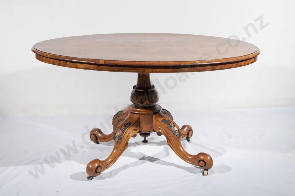 Victorian Burr Walnut & Marquetry Oval Snap Top Loo Table Image 1++
