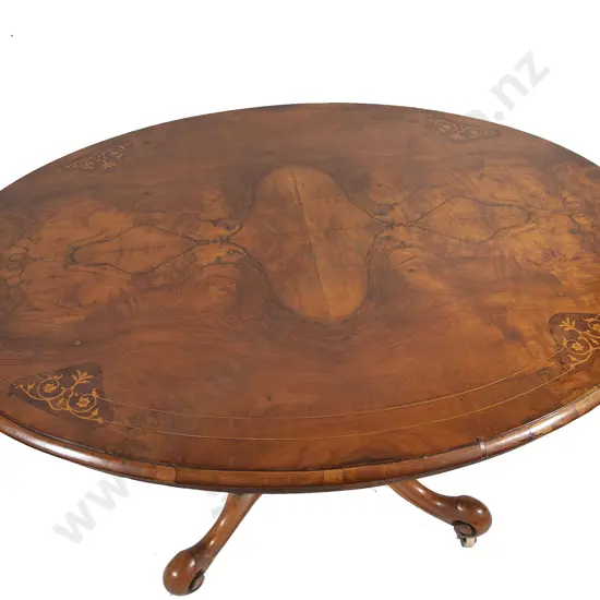 Victorian Burr Walnut & Marquetry Oval Snap Top Loo Table