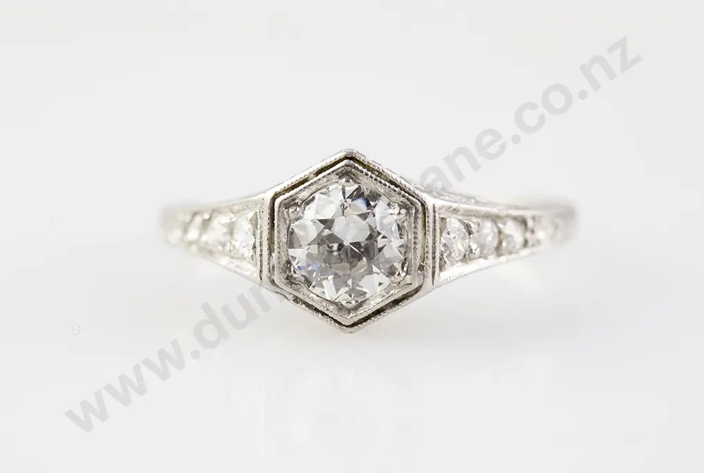 All Platinum Art Deco Solitaire Diamond Ring Image 1++