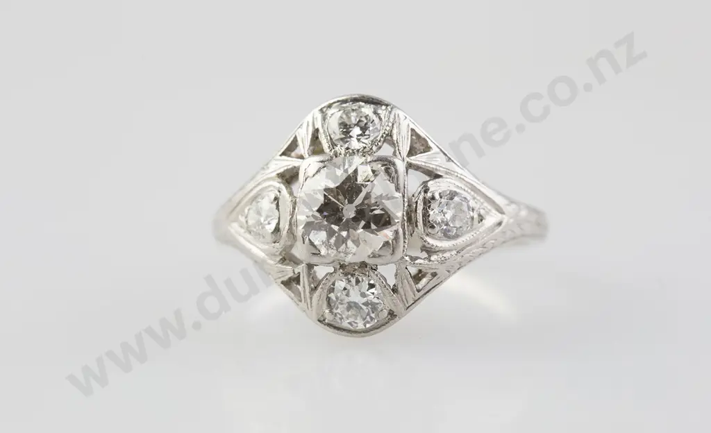 Art Deco All Platinum Five Stone Diamond Ring Image 1++